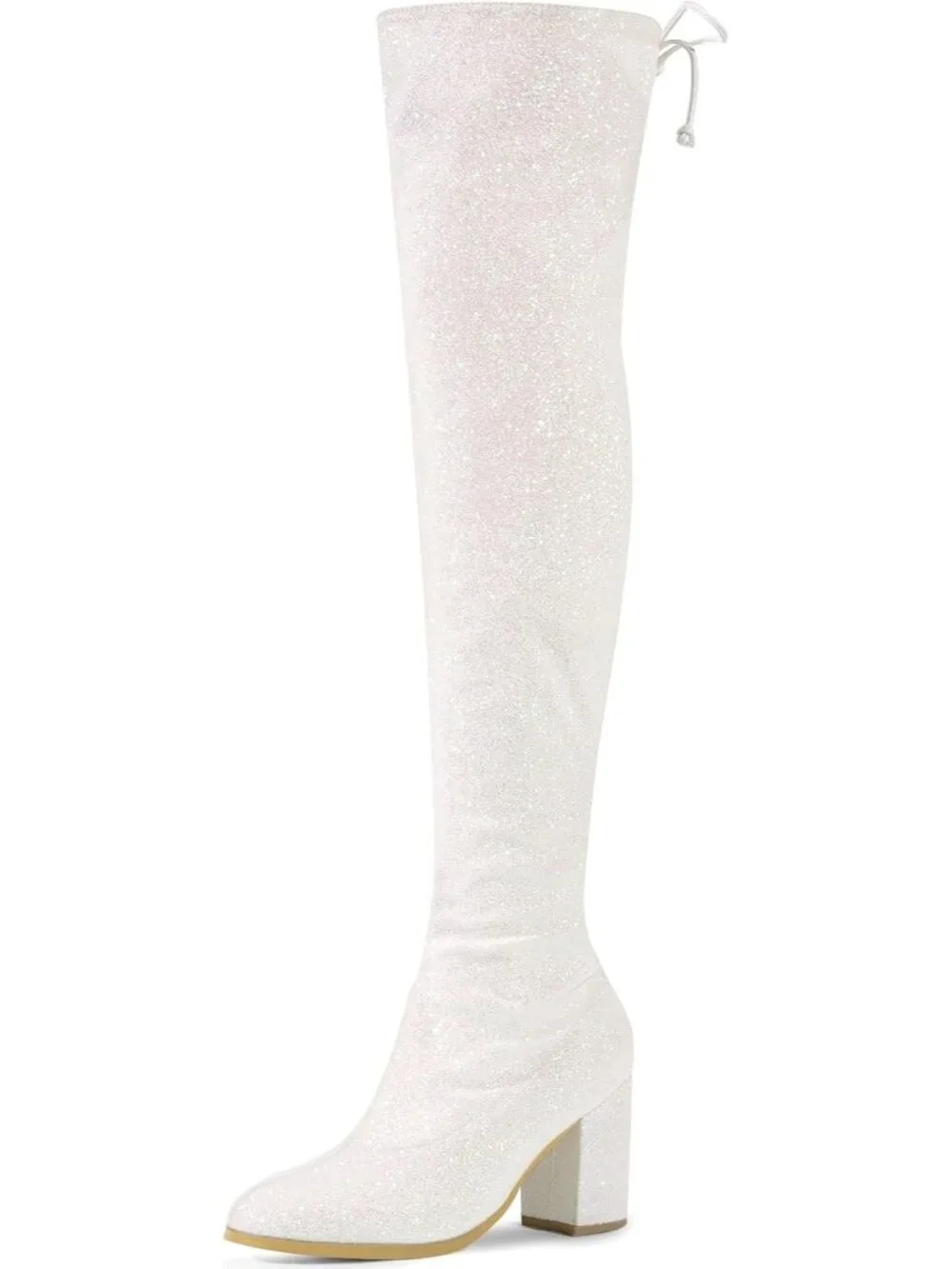 Women's White Round Toe Chunky Heel Lace Up Synthetic Over The Knee High Boots
